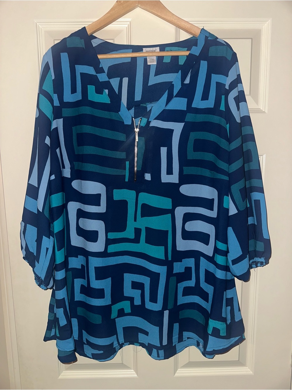 Avenue Navy Geometric Zip-Front Tunic with Teal & Light Blue